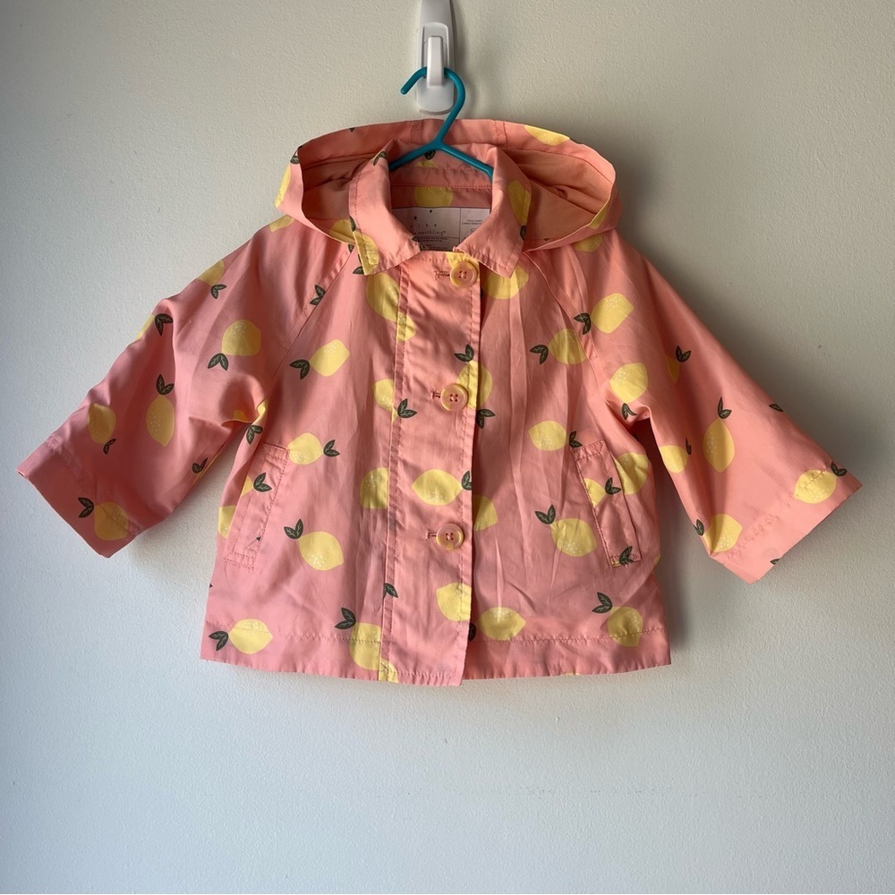 🌼 5/$20 Rise Little Earthling Baby Girl Pink Lemon Fruit Print Rain Jacket 6-12M